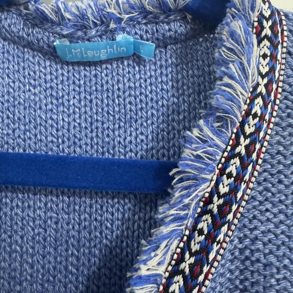 J.McLaughlin Blue Textured Knit Cardigan Fringe Trim Open Front Pockets Size L - Picture 4 of 4